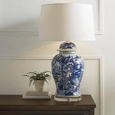 Blue & White Ming Table Lamp with Handpainted Design & Linen ...