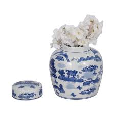 Liv & Skye 9 in. Blue Ceramic Rounded Chinoiserie Jar with Lid 16421-02 - The Home Depot