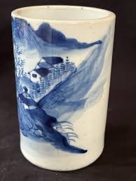 Antique Chinese Blue and White Porcelain Brush Pot. Several marks | eBay