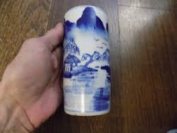 Antique Vtg Chinese Blue White Porcelain Brush Pot 5" Village Scene Mountains | eBay