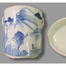 Vintage Chinese Porcelain Blue & White Landscape Tea Caddy or Storage Jar | Chairish