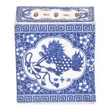 Chinese Blue and White Headrest with Guardian Lion, c. 1850 For Sale at 1stDibs
