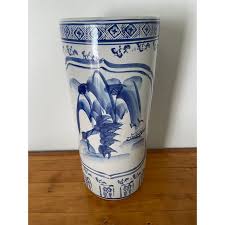 Late 20th Century Vintage Blue and White Chinese Porcelain Umbrella Stand Chinoiserie | Chairish