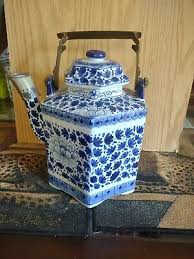 Vintage Blue &Whit ceramic pitcher with metal handle | eBay