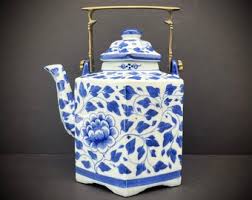 Asian Blue White Porcelain Teapot Metal Brass Handle Hexagonal Ceramic Pottery Chinese Japanese Thailand Chinoiserie LARGE Vintage 9.25" - Etsy