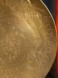 VINTAGE BRASS SERVING BOWL Dish 1.25" DEEP Engraved Dragons CHINA 10" Heavy Etch | eBay