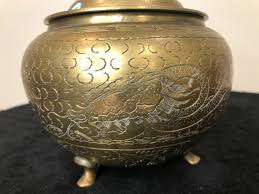 Vintage Chinese Footed Etched Brass Jar Canister with Dog Handle Lid, Dragon | eBay