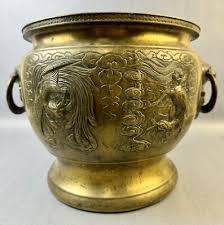 ANTIQUE CHINESE BRASS BOWL EMBOSSED DRAGON PLANTER JARDINEER URN | eBay