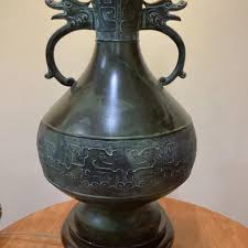 Early 20th Century Antique Bronze and Green Patina Lamp | Chairish