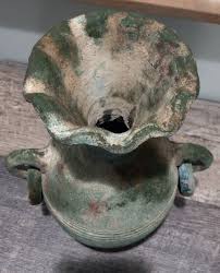 VTG Ceramic Pottery Clay Green Vase Double Handle Rings ...