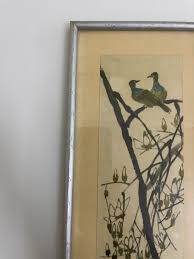 Vintage Chinese Bird Painting in Wood Frame Glass Front two ...