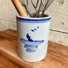 Crock Stoneware - Utensil Holder - Farmhouse - Beige Indigo Blue Primitive - Rustic - Small Crock - Etsy