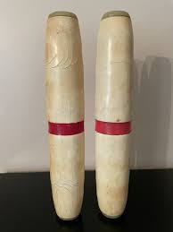 VTG Antique CANDLEPIN Bowling Pins Pair Wood 16”Cream Orange ...