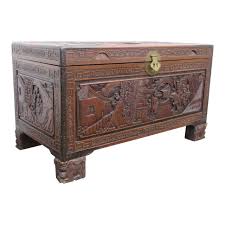 Early 1900s Heavy Hand Carved Asian Chest Blanket Trunk Bench Coffee Table | Chairish