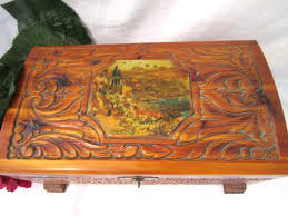 Vintage Jewelry Chest Candy Box Trinket Carved Wood Stained Cedar Italian Villa Ocean Garden Flowers Scene Decoupage Mirror Handles Feet - Etsy