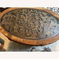 Vintage Asian Hand Carved Rustic Oval Coffee Table - AptDeco