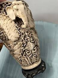 Vintage Asian Japanese Hand Carved Resin Vase Elephant Handles Antique | eBay