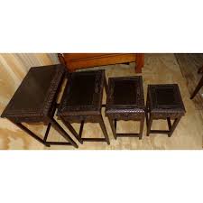 Vintage Set of 4 Asian Solid Wood Hand Carved Nesting Tables | Chairish