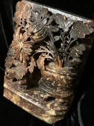 Vintage Soapstone Bookends: Asian Chrysanthemum Flower ...