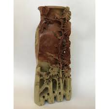 Vintage Soapstone Vase With Chrysanthemums | Chairish