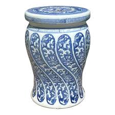 Vintage Blue and White Ceramic Chinoiserie Garden Stool With Floral Scroll Motif | Chairish