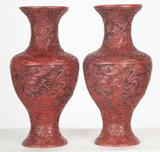 Lot - PAIR OF CHINESE RED LACQUERED VASES