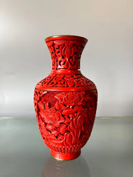 Vintage Chanese Cinnabar Vase - Hand Carved Blue Enamel Red ...