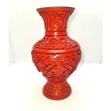 Vintage Chinese Cinnabar Red Lacquer and Blue Enamel Vase ...