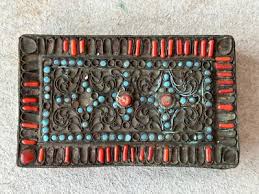 ANTIQUE TIBETAN FILIGREE BRASS TRINKET BOX WITH ...