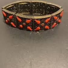 Jewelry | Orange Coral Color Rhinestone Bronze Tone Square ...