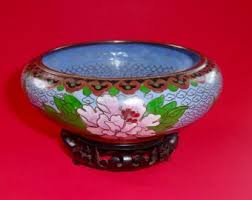 CLOISONNE ENAMELED BOWL Light Blue Chinese Floral ...