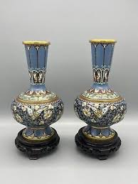 VTG Chinese Pair of Bronze Blue Cloisonne Enamel Floral & Butterfly 8”Vase | eBay
