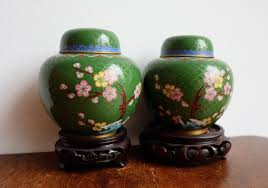 Pair of Cloisonné Cherry Blossoms Enamel Lidded Jars and ...