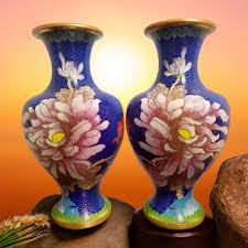 Pair Vintage Blue Cloisonne Vases Chinese Brass/Enamel ...