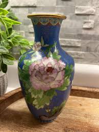 Antique Chinese Cloisonné Vase: 8" Blue, Pink & Green Floral ...