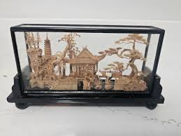 Vintage Chinese Cork Sculpture Diorama w/ Storks & Pagodas In Original Box RARE | eBay