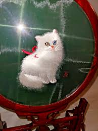 Vtg Chinese silk w embroidered cat under glass, carved wood ...