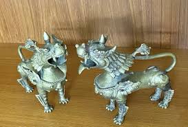 2X Vintage Asian Chinese Cast Brass Foo Dogs Protective ...