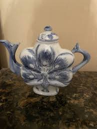 VTG Chinese Blue & White Porcelain Peacock Flat Teapot 6 Letter Marking Stamp | eBay