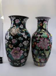 Lot - 2 X CHINESE VASES, BLACK BASE WITH FLORAL DECORATIONS ...