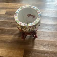 Art | Vintage Porcelain Koi Fish Bowl Planter With Separated Carved Wood Stand | Poshmark