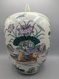 Large Vintage Chinese Ginger Jar w/ Ducks/Floral Motif ...