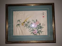 Preowned Chinese watercolor of flower and yellow bird marked ...