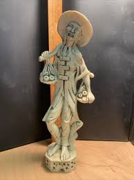11" vintage Hard resin figurine of Chinese man carrying ...