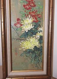 vintage original botanical floral Chinese cork wood veneer ...