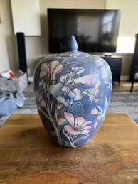 Vintage Ginger Melon Jar Vase 10” tall Chinese Hand Painted Pink & Blu Flowers. | eBay