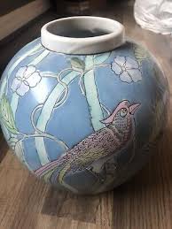 WBI Hand painted Chinese Vase Pottery Sky Blue With Floral And Bird Accents 9in | eBay
