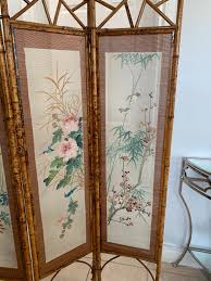 Hand Painted 4 Panel Burnt Rattan Chinese Folding Screen - Etsy