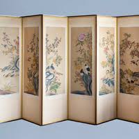 A Chinese six-fold painted silk room divider with birds on ...