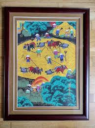 Chinese Folk Painting Rice Harvest Signed Framed 20 X 27 ...